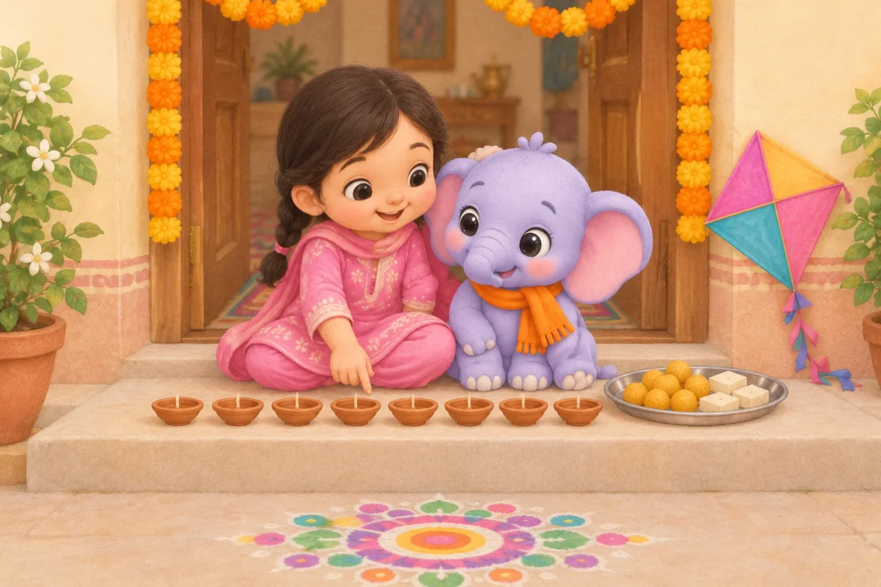 Masti the elephant sits on a front step beside a five-year-old girl who points at a row of clay diyas, with a plate of sweets and a paper kite nearby.