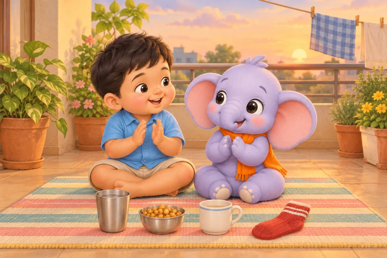 Masti the elephant claps beside a three-year-old boy on a floor mat, with a steel tumbler, a small bowl of chana, a mug and a red sock in front of them.