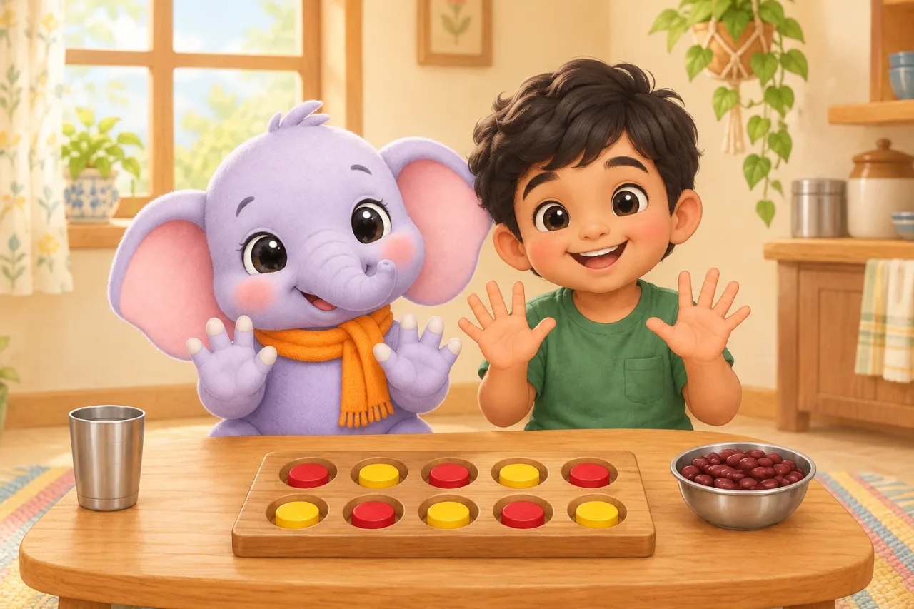 Masti the elephant and a six-year-old boy at a low table hold up all ten fingers above a wooden tray of red and yellow counters.