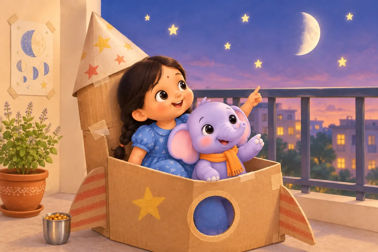 Masti the elephant and a six-year-old girl sit in a cardboard-box rocket on a balcony at dusk, pointing up at a half moon and a few stars.