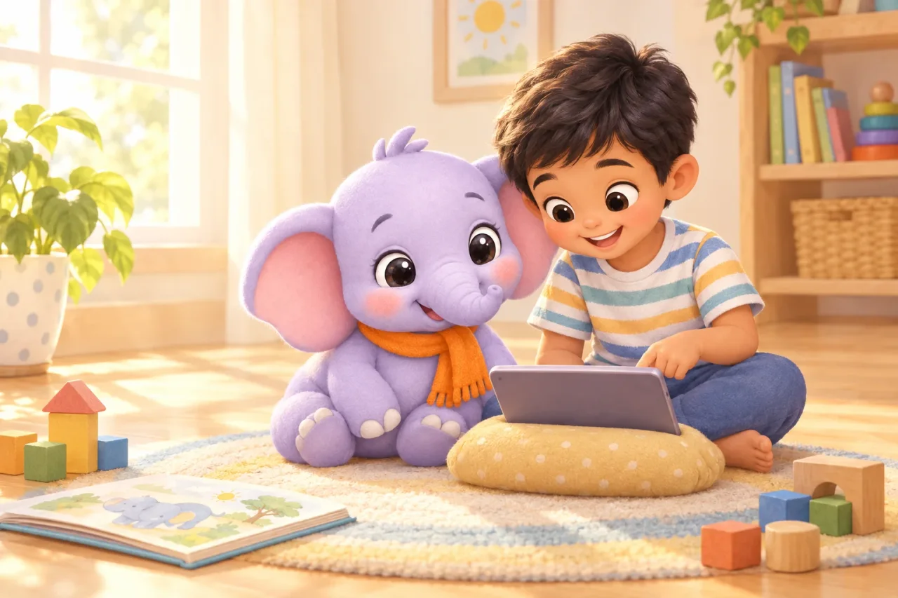 Masti, a small lavender elephant with an orange scarf, sits on a sunny floor beside a six-year-old boy tapping a tablet.