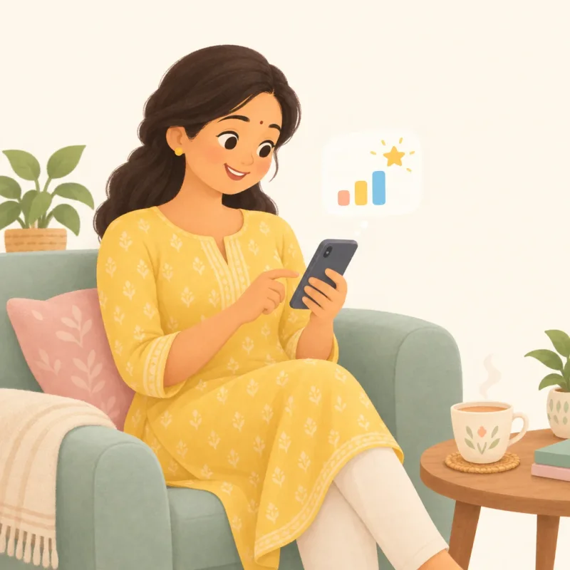 A mother in a yellow kurta on a sofa looks at her phone; a small card with a bar chart and a star floats above it.