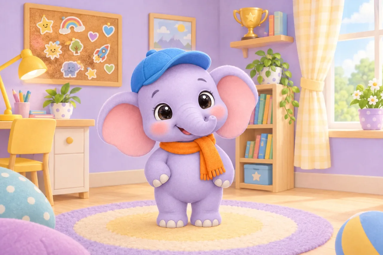Masti in a blue cap standing on a rug in a painted bedroom with a sticker board, a lamp, books and a trophy.