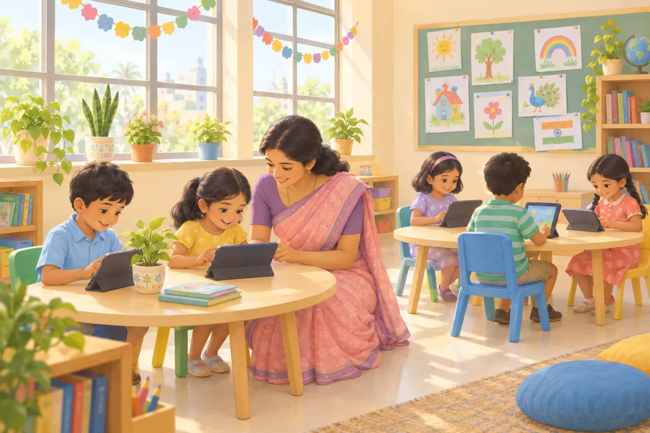 A bright classroom: children at low round tables using tablets, a teacher in a saree kneeling beside one of them, drawings pinned on the wall.