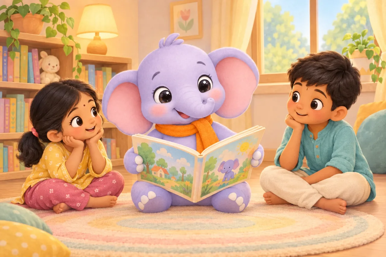 Masti reads a big picture book aloud to a girl and a boy sitting on a rug.
