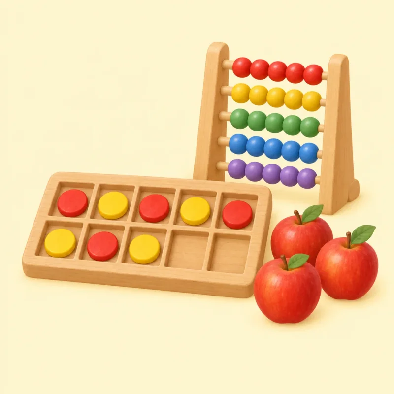 A wooden ten-frame tray with red and yellow counters, a toy abacus and three red apples.