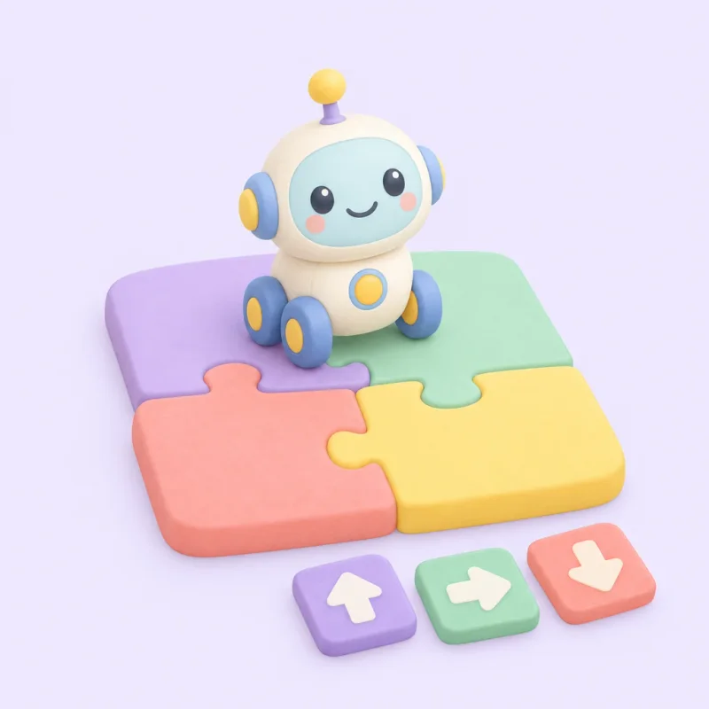 A small smiling toy robot on four jigsaw pieces, with three arrow tiles beside it.