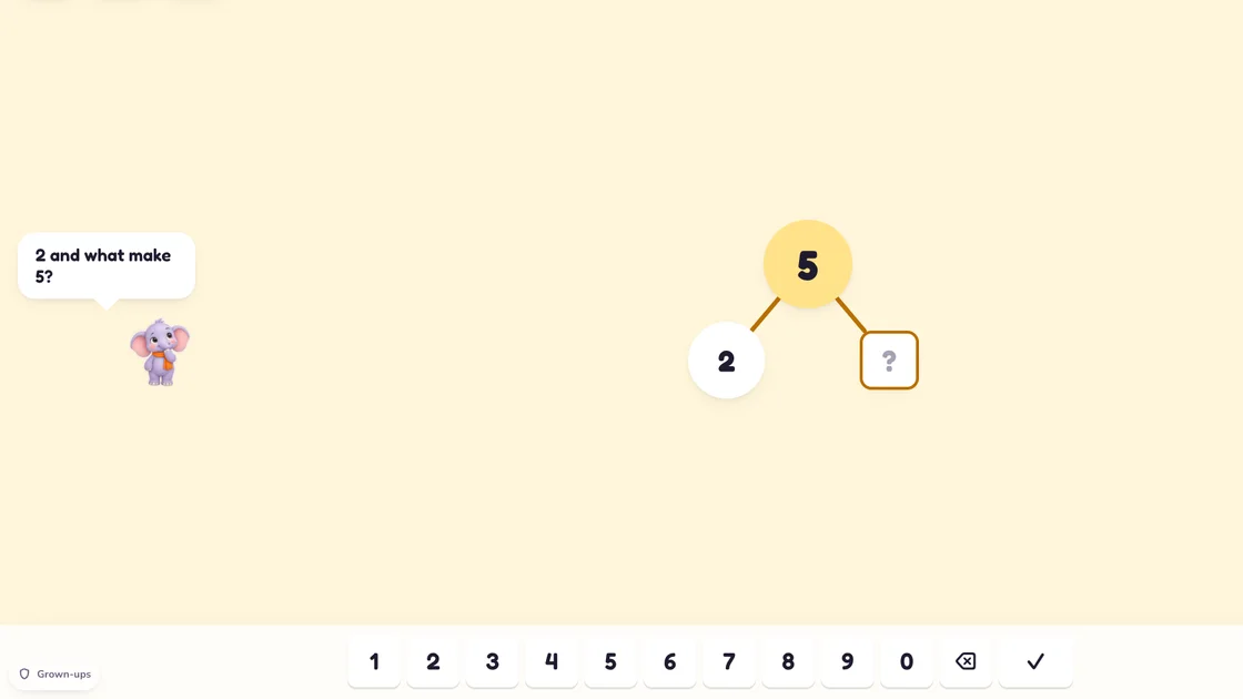 Number bond: Masti asks "2 and what make 5?" above a bond with 5 at the top, 2 on one side and a blank on the other, with the number pad below.