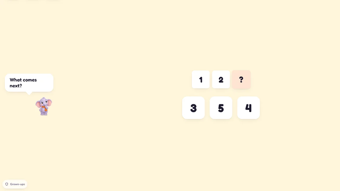 Pattern next: Masti asks "What comes next?" above the tiles 1, 2, ? and the choices 3, 5 and 4.