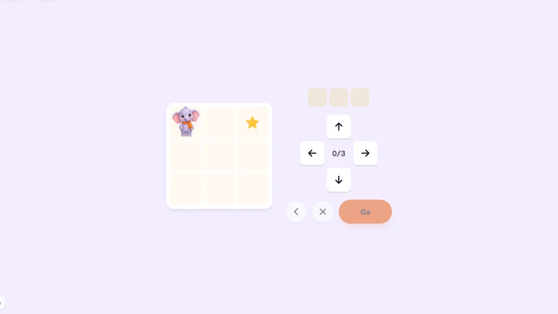 Robot steps: Masti on a three-by-three grid with a star in the corner, arrow buttons and a Go button.