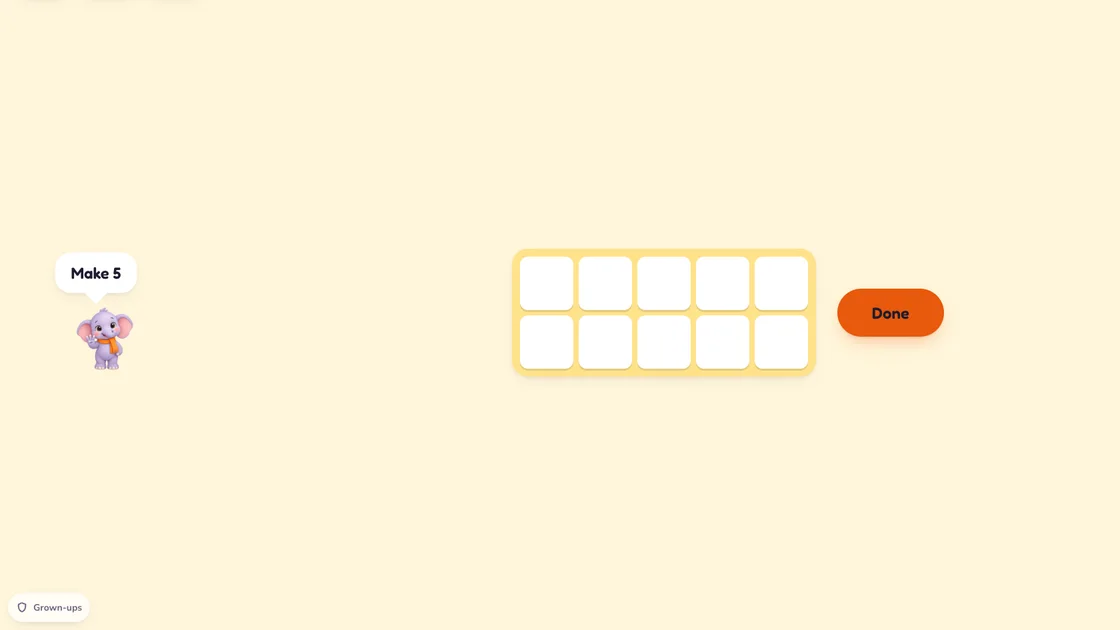 Ten frame: Masti says "Make 5" beside an empty two-by-five tray and a Done button.