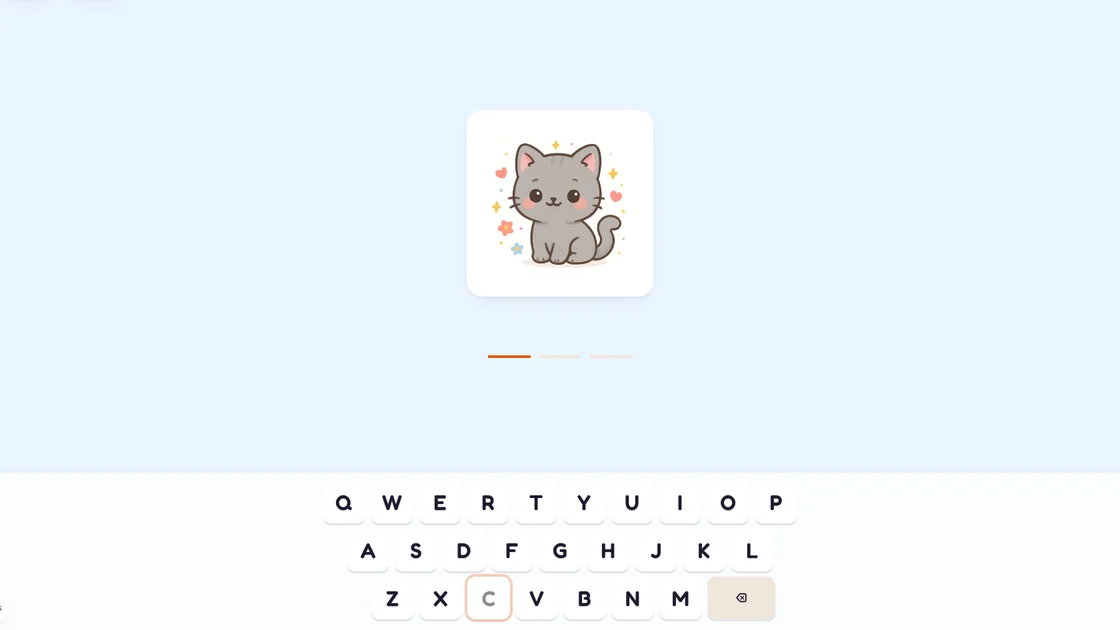 Type the word: See the picture, hear the word, type it letter by letter. With help on, the next key glows.