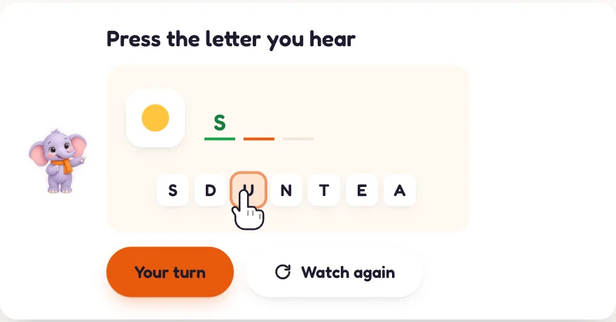 The Watch me first card: Masti points, a cartoon hand shows the tap on a small mock of the activity, then Your turn and Watch again.