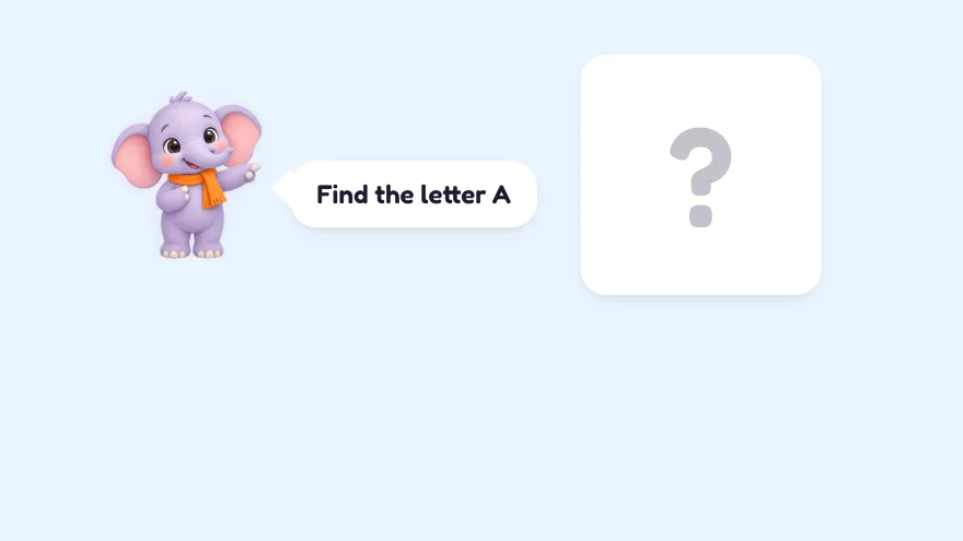Check step: Masti points and says "Find the letter A" beside a blank card with a question mark.