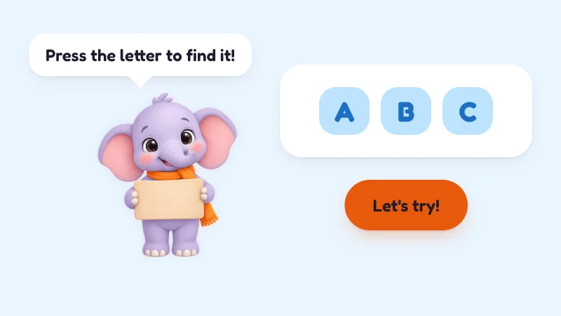 Learn step: Masti holds a sign and says "Press the letter to find it!" next to the letters A, B and C and a "Let's try!" button.