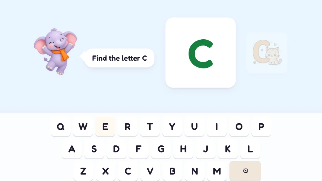 Try step: Masti asks "Find the letter C", a large C card is shown and the on-screen keyboard waits below.
