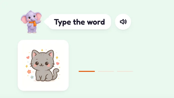Warm-up step: Masti says "Type the word" beside a picture of a cat, with three letter slots and the keyboard below.