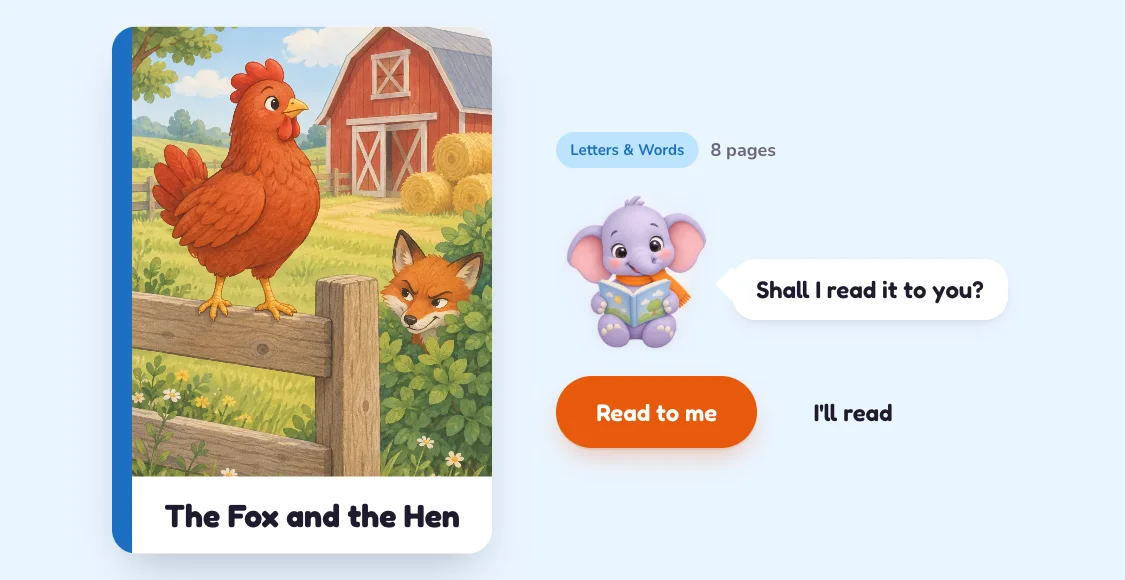 The cover of The Fox and the Hen: a painted hen on a farm fence with a fox peeking from the hedge; Masti asks “Shall I read it to you?” beside the Read to me and I'll read buttons.