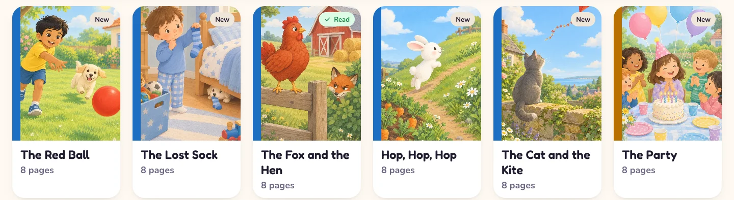 The shelf: six painted covers in a row, The Red Ball, The Lost Sock, The Fox and the Hen (marked Read), Hop, Hop, Hop, The Cat and the Kite and The Party, each with its page count.