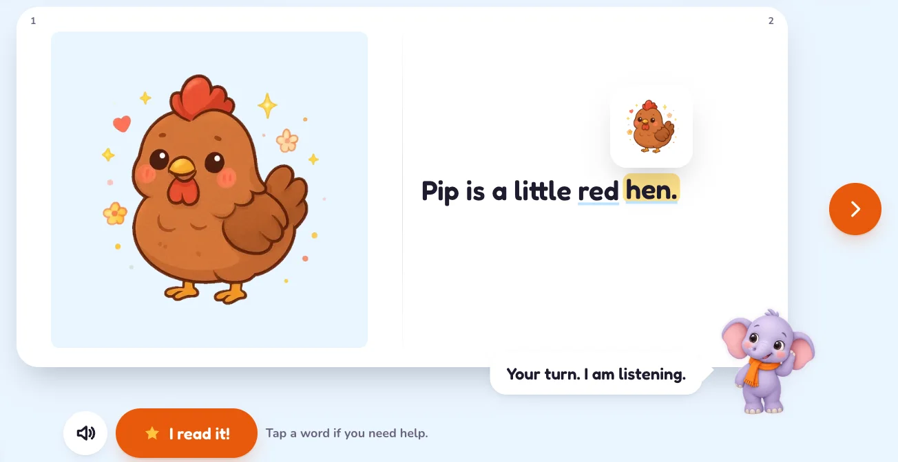 A two-page spread: a brown hen on the left page and the sentence “Pip is a little red hen.” on the right, with a small picture of the hen popping up above the tapped word “hen”; Masti says “Your turn. I am listening.”