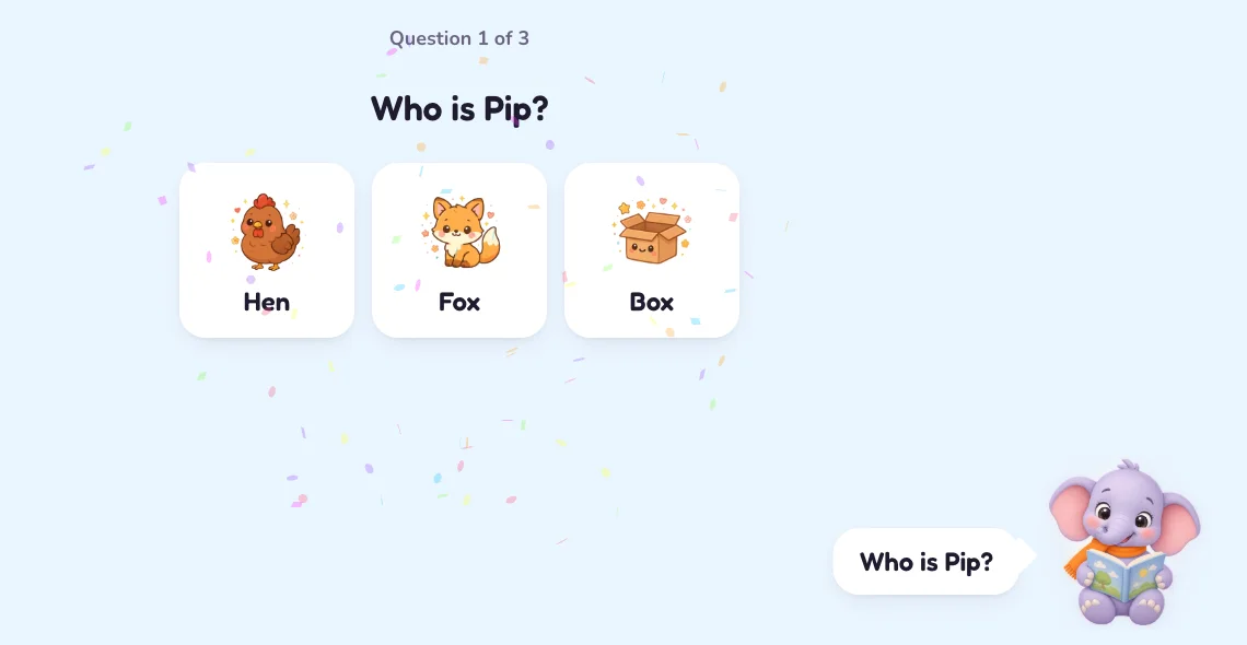 Question 1 of 3: Who is Pip? with picture tiles for Hen, Fox and Box.